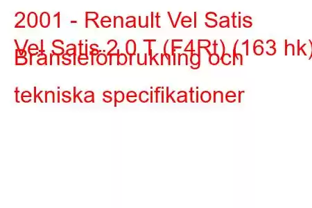 2001 - Renault Vel Satis
Vel Satis 2.0 T (F4Rt) (163 hk) Bränsleförbrukning och tekniska specifikationer