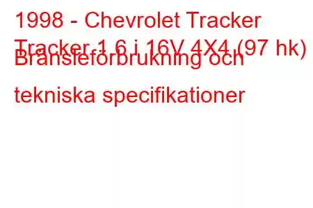 1998 - Chevrolet Tracker
Tracker 1.6 i 16V 4X4 (97 hk) Bränsleförbrukning och tekniska specifikationer