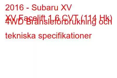 2016 - Subaru XV
XV Facelift 1.6 CVT (114 Hk) 4WD Bränsleförbrukning och tekniska specifikationer