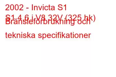 2002 - Invicta S1
S1 4.6 i V8 32V (325 hk) Bränsleförbrukning och tekniska specifikationer