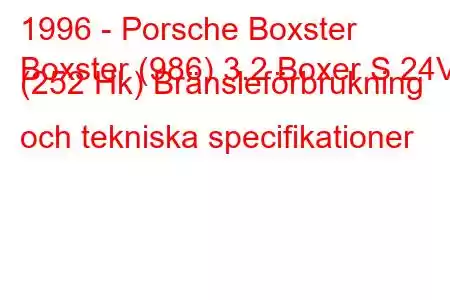 1996 - Porsche Boxster
Boxster (986) 3.2 Boxer S 24V (252 Hk) Bränsleförbrukning och tekniska specifikationer