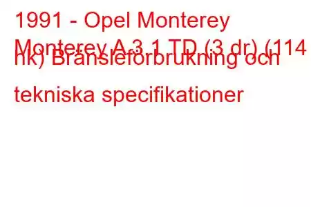 1991 - Opel Monterey
Monterey A 3.1 TD (3 dr) (114 hk) Bränsleförbrukning och tekniska specifikationer