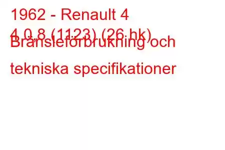 1962 - Renault 4
4 0,8 (1123) (26 hk) Bränsleförbrukning och tekniska specifikationer