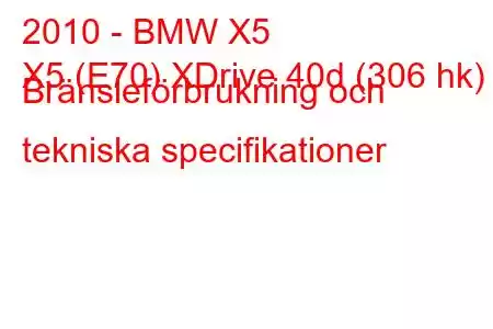 2010 - BMW X5
X5 (E70) XDrive 40d (306 hk) Bränsleförbrukning och tekniska specifikationer