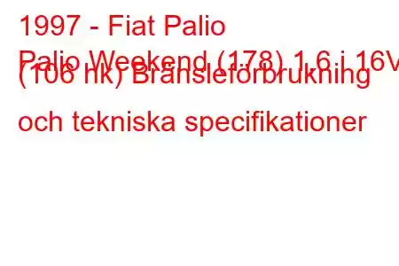 1997 - Fiat Palio
Palio Weekend (178) 1,6 i 16V (106 hk) Bränsleförbrukning och tekniska specifikationer