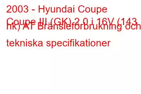 2003 - Hyundai Coupe
Coupe III (GK) 2.0 i 16V (143 hk) AT Bränsleförbrukning och tekniska specifikationer