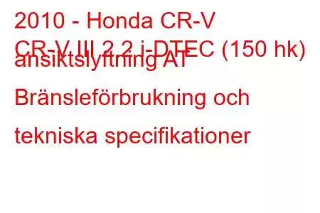 2010 - Honda CR-V
CR-V III 2.2 i-DTEC (150 hk) ansiktslyftning AT Bränsleförbrukning och tekniska specifikationer