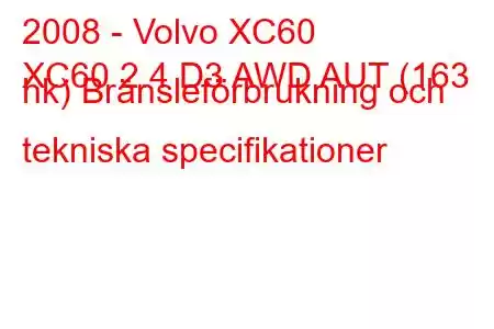 2008 - Volvo XC60
XC60 2.4 D3 AWD AUT (163 hk) Bränsleförbrukning och tekniska specifikationer