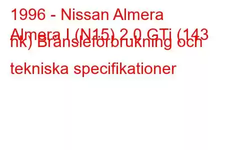 1996 - Nissan Almera
Almera I (N15) 2.0 GTi (143 hk) Bränsleförbrukning och tekniska specifikationer