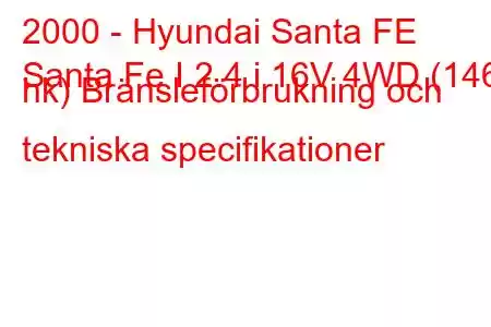 2000 - Hyundai Santa FE
Santa Fe I 2.4 i 16V 4WD (146 hk) Bränsleförbrukning och tekniska specifikationer