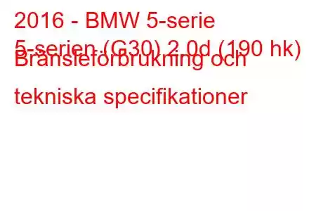 2016 - BMW 5-serie
5-serien (G30) 2.0d (190 hk) Bränsleförbrukning och tekniska specifikationer