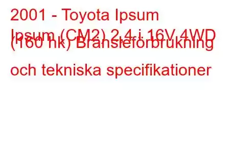 2001 - Toyota Ipsum
Ipsum (CM2) 2,4 i 16V 4WD (160 hk) Bränsleförbrukning och tekniska specifikationer