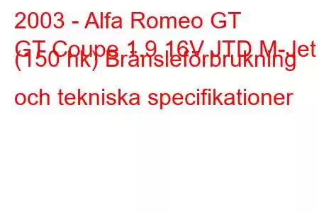 2003 - Alfa Romeo GT
GT Coupe 1.9 16V JTD M-Jet (150 hk) Bränsleförbrukning och tekniska specifikationer