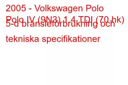 2005 - Volkswagen Polo
Polo IV (9N3) 1.4 TDI (70 hk) 5-d bränsleförbrukning och tekniska specifikationer