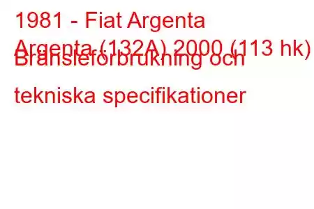 1981 - Fiat Argenta
Argenta (132A) 2000 (113 hk) Bränsleförbrukning och tekniska specifikationer