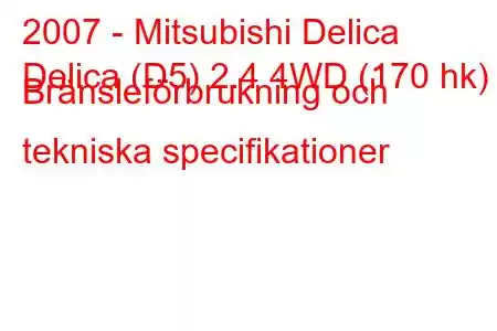 2007 - Mitsubishi Delica
Delica (D5) 2.4 4WD (170 hk) Bränsleförbrukning och tekniska specifikationer