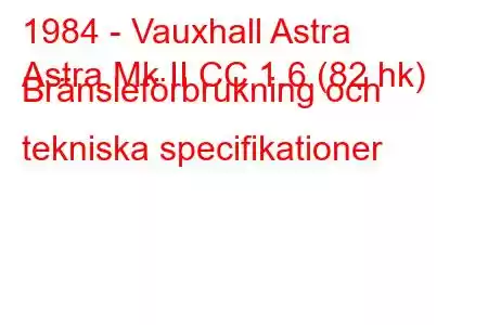 1984 - Vauxhall Astra
Astra Mk II CC 1.6 (82 hk) Bränsleförbrukning och tekniska specifikationer