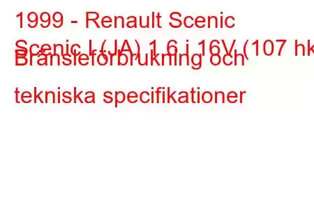 1999 - Renault Scenic
Scenic I (JA) 1,6 i 16V (107 hk) Bränsleförbrukning och tekniska specifikationer