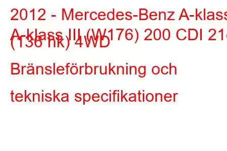 2012 - Mercedes-Benz A-klass
A-klass III (W176) 200 CDI 21d (136 hk) 4WD Bränsleförbrukning och tekniska specifikationer