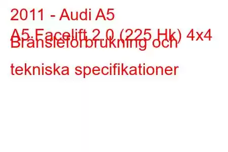 2011 - Audi A5
A5 Facelift 2.0 (225 Hk) 4x4 Bränsleförbrukning och tekniska specifikationer