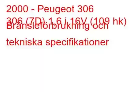 2000 - Peugeot 306
306 (7D) 1,6 i 16V (109 hk) Bränsleförbrukning och tekniska specifikationer