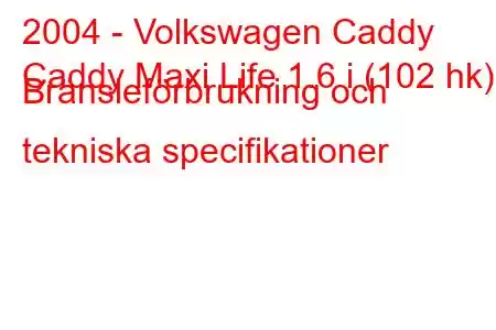 2004 - Volkswagen Caddy
Caddy Maxi Life 1.6 i (102 hk) Bränsleförbrukning och tekniska specifikationer