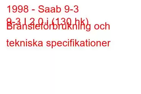 1998 - Saab 9-3
9-3 I 2,0 i (130 hk) Bränsleförbrukning och tekniska specifikationer