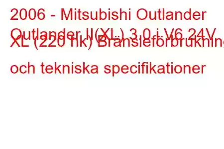 2006 - Mitsubishi Outlander
Outlander II(XL) 3.0 i V6 24V XL (220 hk) Bränsleförbrukning och tekniska specifikationer