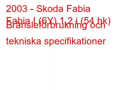 2003 - Skoda Fabia
Fabia I (6Y) 1,2 i (54 hk) Bränsleförbrukning och tekniska specifikationer