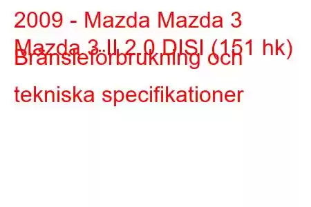 2009 - Mazda Mazda 3
Mazda 3 II 2.0 DISI (151 hk) Bränsleförbrukning och tekniska specifikationer