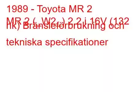 1989 - Toyota MR 2
MR 2 (_W2_) 2.2 i 16V (132 hk) Bränsleförbrukning och tekniska specifikationer