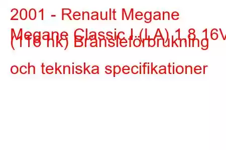 2001 - Renault Megane
Megane Classic I (LA) 1,8 16V (116 hk) Bränsleförbrukning och tekniska specifikationer