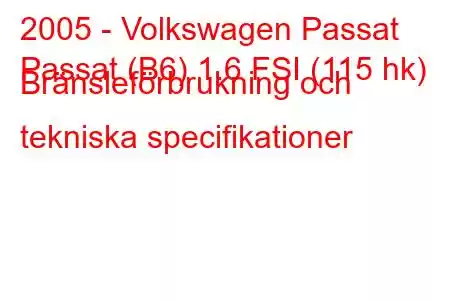 2005 - Volkswagen Passat
Passat (B6) 1.6 FSI (115 hk) Bränsleförbrukning och tekniska specifikationer