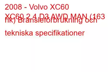 2008 - Volvo XC60
XC60 2.4 D3 AWD MAN (163 hk) Bränsleförbrukning och tekniska specifikationer