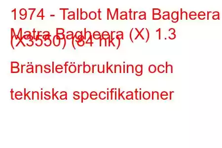 1974 - Talbot Matra Bagheera
Matra Bagheera (X) 1.3 (X3550) (84 hk) Bränsleförbrukning och tekniska specifikationer