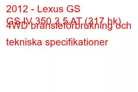 2012 - Lexus GS
GS IV 350 3,5 AT (317 hk) 4WD bränsleförbrukning och tekniska specifikationer