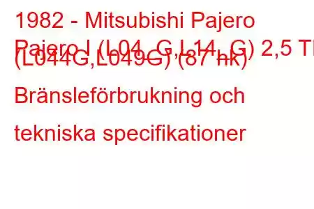 1982 - Mitsubishi Pajero
Pajero I (L04_G,L14_G) 2,5 TD (L044G,L049G) (87 hk) Bränsleförbrukning och tekniska specifikationer