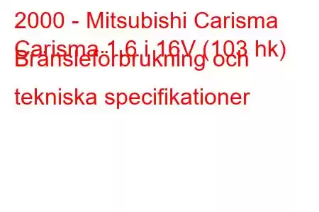 2000 - Mitsubishi Carisma
Carisma 1.6 i 16V (103 hk) Bränsleförbrukning och tekniska specifikationer