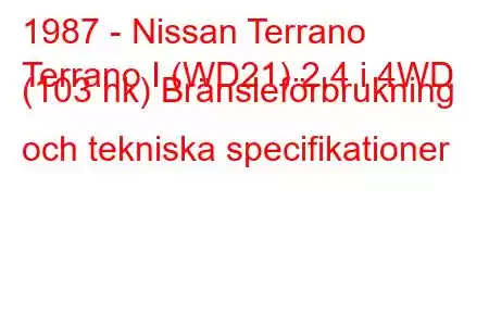 1987 - Nissan Terrano
Terrano I (WD21) 2.4 i 4WD (103 hk) Bränsleförbrukning och tekniska specifikationer