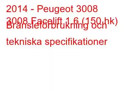 2014 - Peugeot 3008
3008 Facelift 1.6 (150 hk) Bränsleförbrukning och tekniska specifikationer