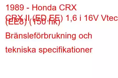 1989 - Honda CRX
CRX II (ED,EE) 1,6 i 16V Vtec (EE8) (150 hk) Bränsleförbrukning och tekniska specifikationer