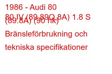 1986 - Audi 80
80 IV (89.89Q,8A) 1.8 S (89.8A) (90 hk) Bränsleförbrukning och tekniska specifikationer