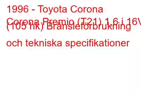 1996 - Toyota Corona
Corona Premio (T21) 1,6 i 16V (105 hk) Bränsleförbrukning och tekniska specifikationer