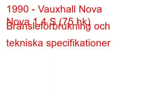 1990 - Vauxhall Nova
Nova 1.4 S (75 hk) Bränsleförbrukning och tekniska specifikationer