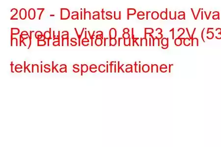 2007 - Daihatsu Perodua Viva
Perodua Viva 0.8L R3 12V (53 hk) Bränsleförbrukning och tekniska specifikationer