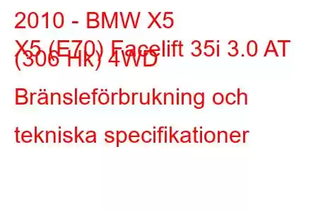 2010 - BMW X5
X5 (E70) Facelift 35i 3.0 AT (306 Hk) 4WD Bränsleförbrukning och tekniska specifikationer