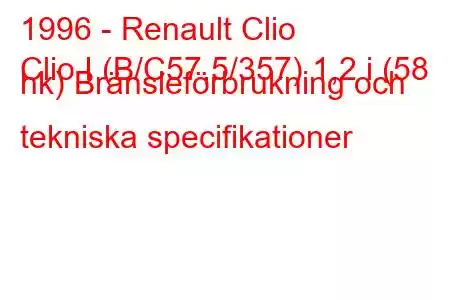 1996 - Renault Clio
Clio I (B/C57,5/357) 1,2 i (58 hk) Bränsleförbrukning och tekniska specifikationer