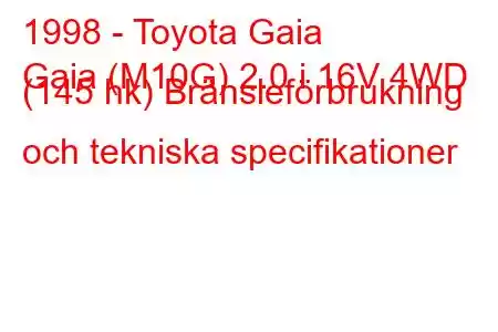 1998 - Toyota Gaia
Gaia (M10G) 2.0 i 16V 4WD (145 hk) Bränsleförbrukning och tekniska specifikationer