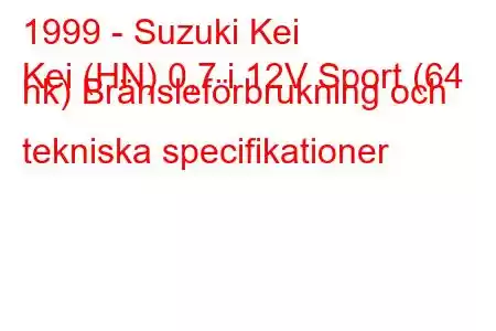 1999 - Suzuki Kei
Kei (HN) 0,7 i 12V Sport (64 hk) Bränsleförbrukning och tekniska specifikationer