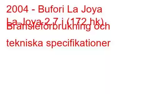 2004 - Bufori La Joya
La Joya 2.7 i (172 hk) Bränsleförbrukning och tekniska specifikationer